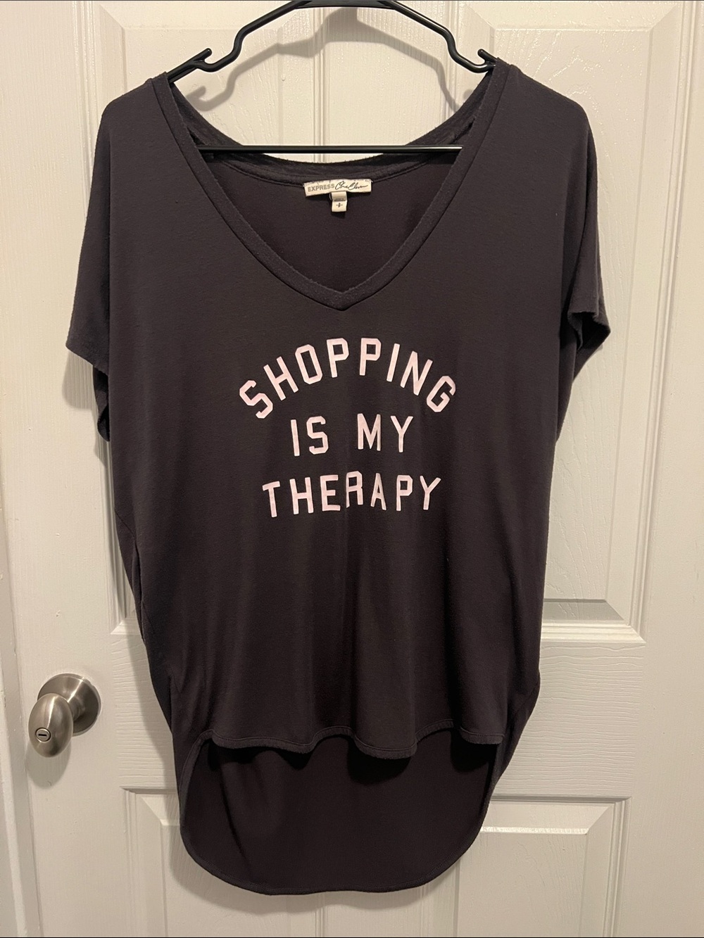 Express Black V-Neck Tee with Light Pink Graphic